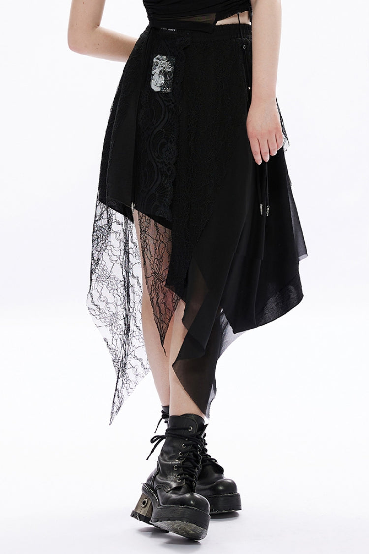 Ruffled Lolita Skirt - Lace Chiffon Irregular Hem, Black, High-Low Hem, Women's Style - main product image