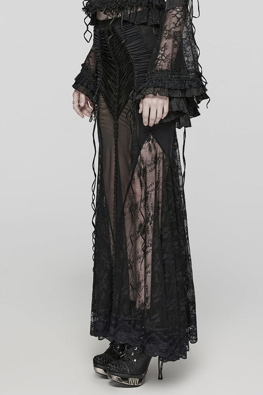 Ruffled Lolita Skirt - Lace Sheer Wrapped Hip, Black, Women's Style, Lace Trim - additional product view 2