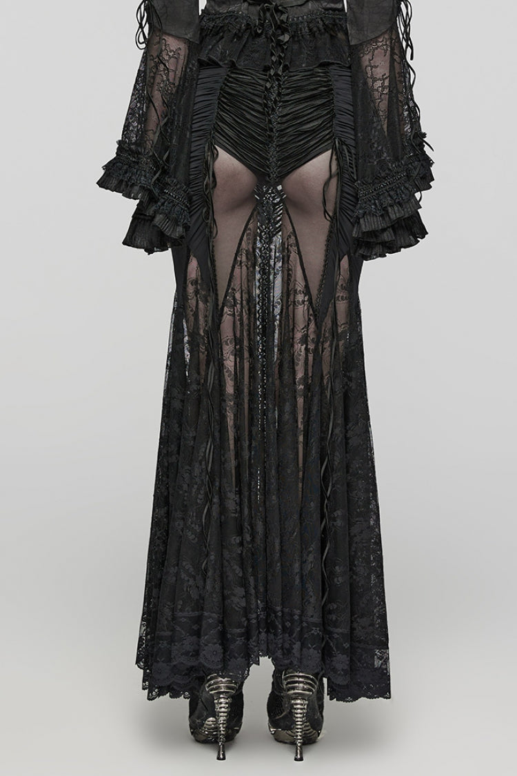 Ruffled Lolita Skirt - Lace Sheer Wrapped Hip, Black, Women's Style, Lace Trim - additional product view 3