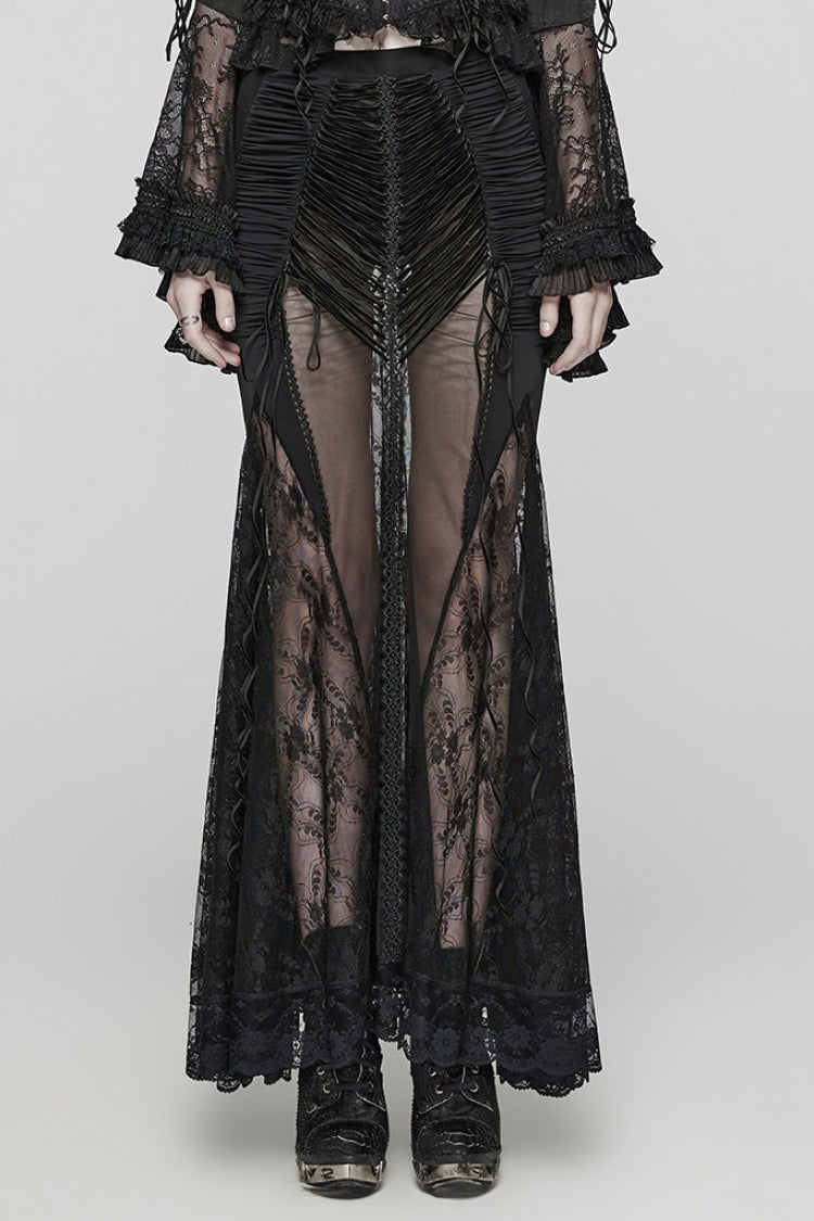 Ruffled Lolita Skirt - Lace Sheer Wrapped Hip, Black, Women's Style, Lace Trim - main product image
