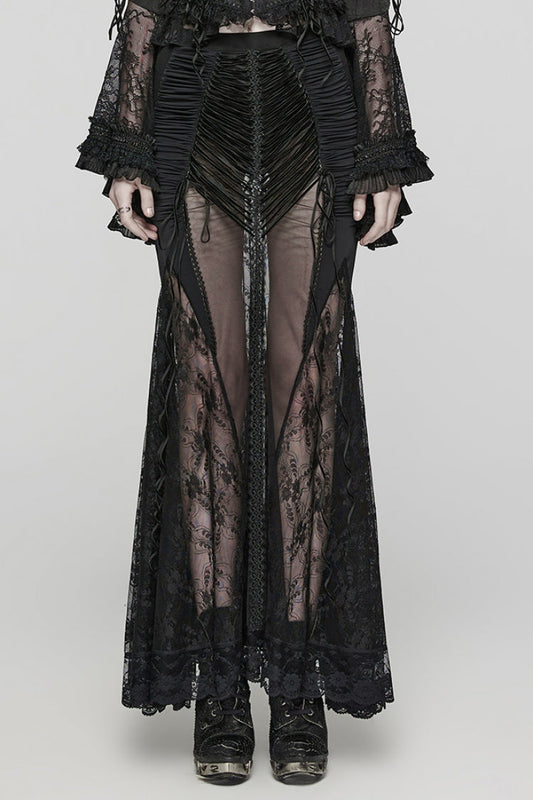 Ruffled Lolita Skirt - Lace Sheer Wrapped Hip, Black, Women's Style, Lace Trim - main product image