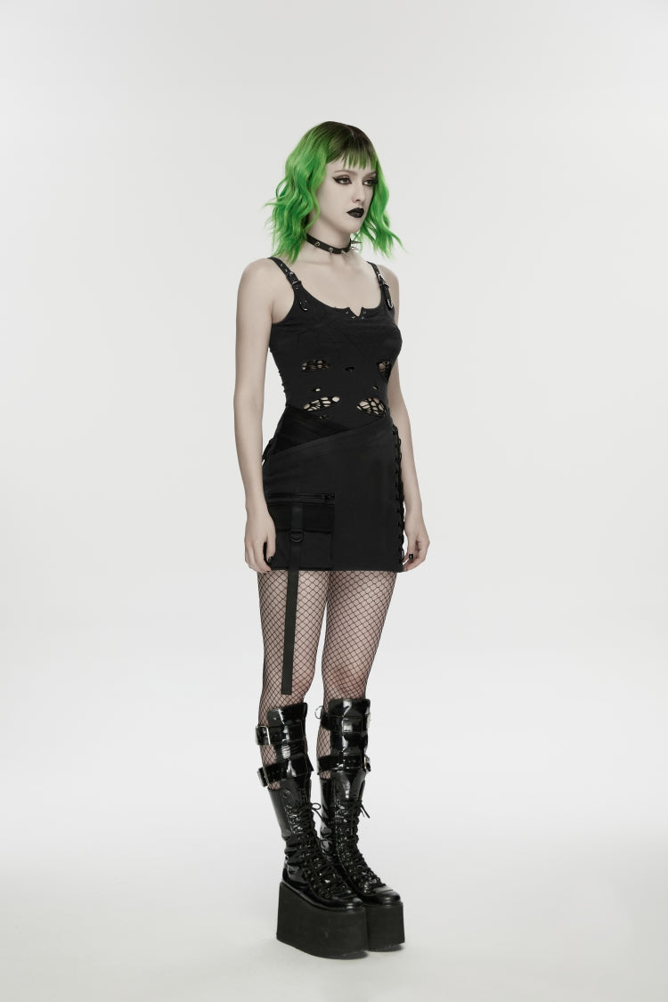 Ruffled Lolita Skirt - Lace-up Slim Asymmetric Zippered, Black, Zipper Detail, Lace Trim - additional product view 2