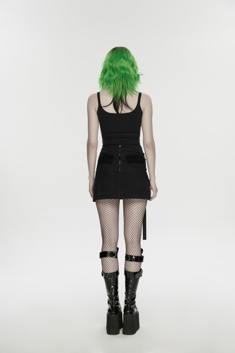 Ruffled Lolita Skirt - Lace-up Slim Asymmetric Zippered, Black, Zipper Detail, Lace Trim - additional product view 3