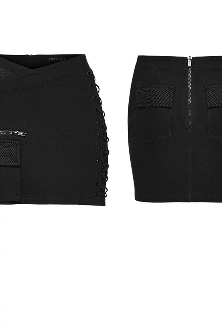Ruffled Lolita Skirt - Lace-up Slim Asymmetric Zippered, Black, Zipper Detail, Lace Trim - additional product view 6