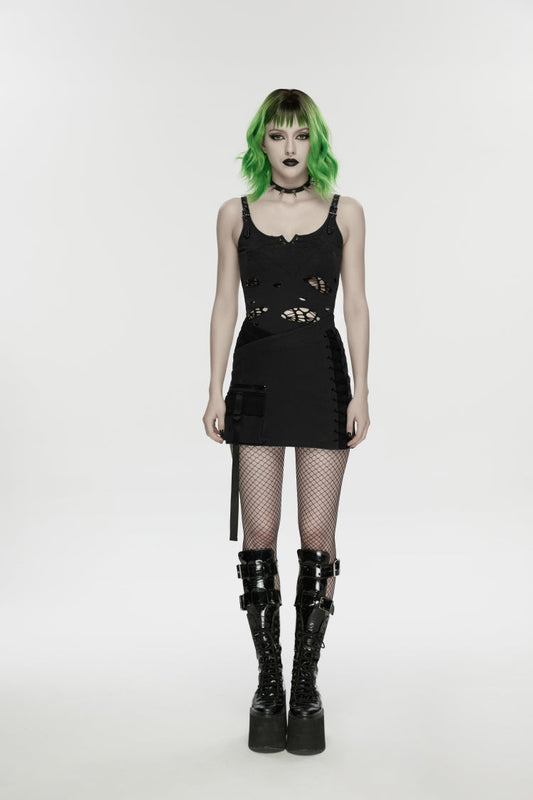 Ruffled Lolita Skirt - Lace-up Slim Asymmetric Zippered, Black, Zipper Detail, Lace Trim - main product image