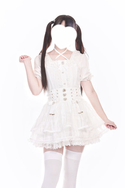 Ruffled Lolita Skirt - Love Hanabi, 5 Colors, Sweet Style, Bow Detail, Lace Trim - S White / M White / L White option