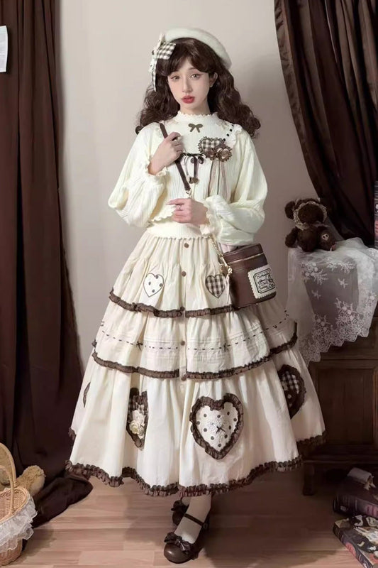 Ruffled Lolita Skirt - Lovely Heart, Ivory, Layered, Sweet Style, Bow Detail - main product image