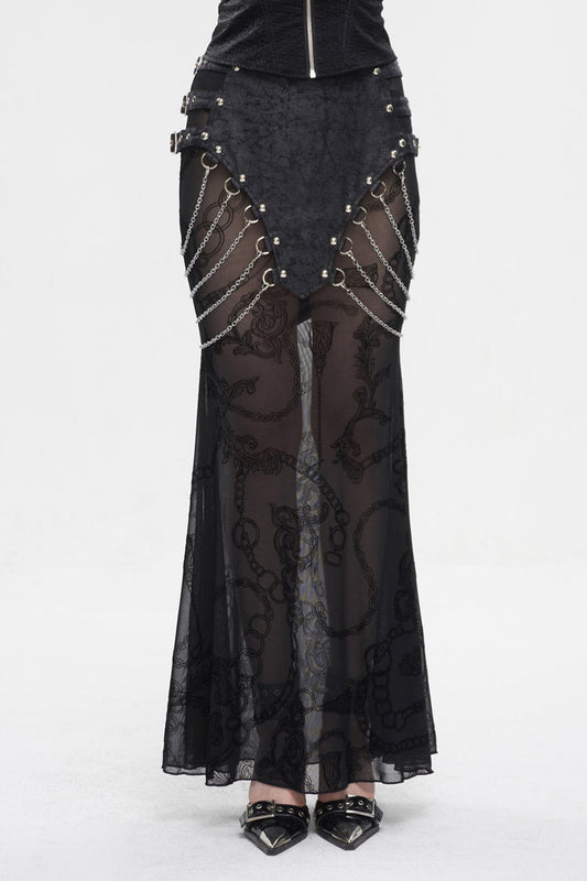 Ruffled Lolita Skirt - Mesh Splice Chain Fishtail, Black, Fishtail Silhouette - main product image
