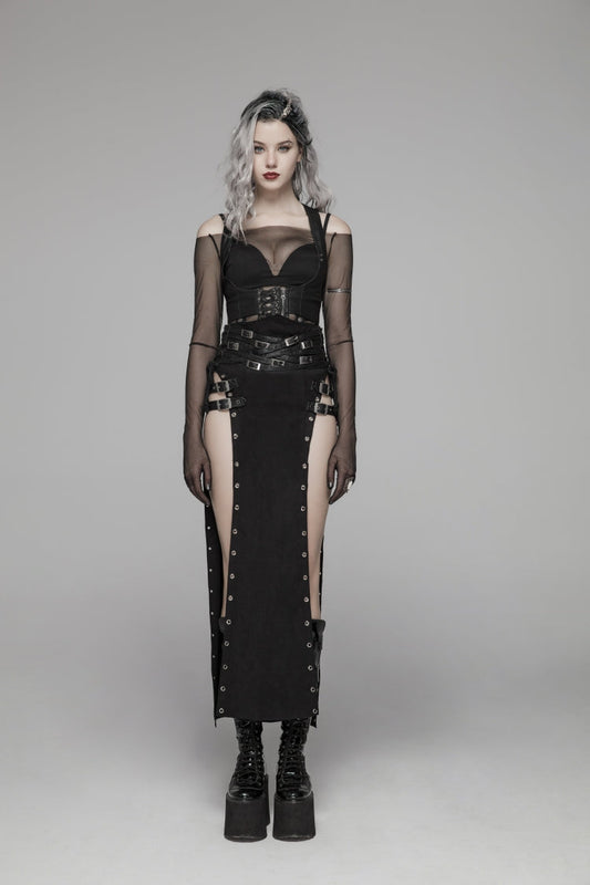 Ruffled Lolita Skirt - Metal Buckle PU Leather Buckle, Black, Long Length, Buckle Detail - additional product view 2