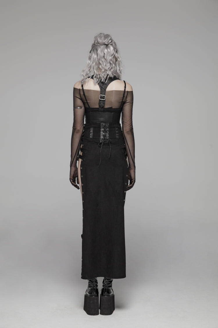 Ruffled Lolita Skirt - Metal Buckle PU Leather Buckle, Black, Long Length, Buckle Detail - additional product view 4