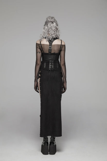 Ruffled Lolita Skirt - Metal Buckle PU Leather Buckle, Black, Long Length, Buckle Detail - additional product view 4