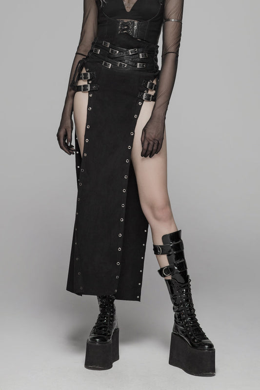 Ruffled Lolita Skirt - Metal Buckle PU Leather Buckle, Black, Long Length, Buckle Detail - main product image