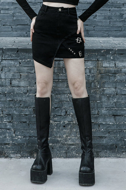 Ruffled Lolita Skirt - Metal Slant Buckle Loop, Black, High-Low Hem, Zipper Detail - main product image