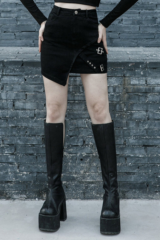 Ruffled Lolita Skirt - Metal Slant Buckle Loop, Black, High-Low Hem, Zipper Detail - main product image