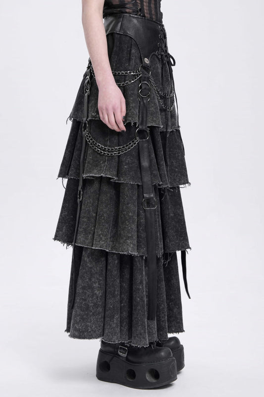 Ruffled Lolita Skirt - Multi-layered Lace-up Chain, Black, Women's Style, Punk Style - additional product view 2