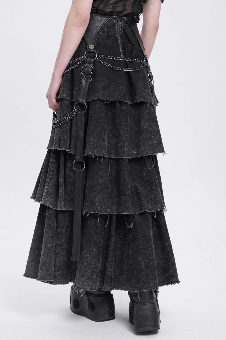 Ruffled Lolita Skirt - Multi-layered Lace-up Chain, Black, Women's Style, Punk Style - additional product view 3