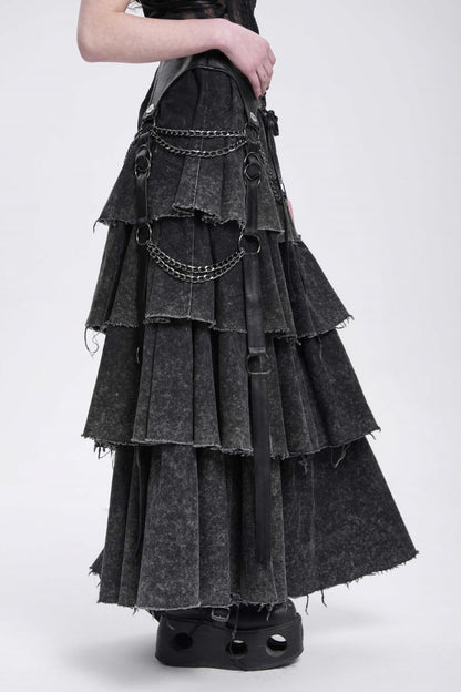 Ruffled Lolita Skirt - Multi-layered Lace-up Chain, Black, Women's Style, Punk Style - additional product view 4