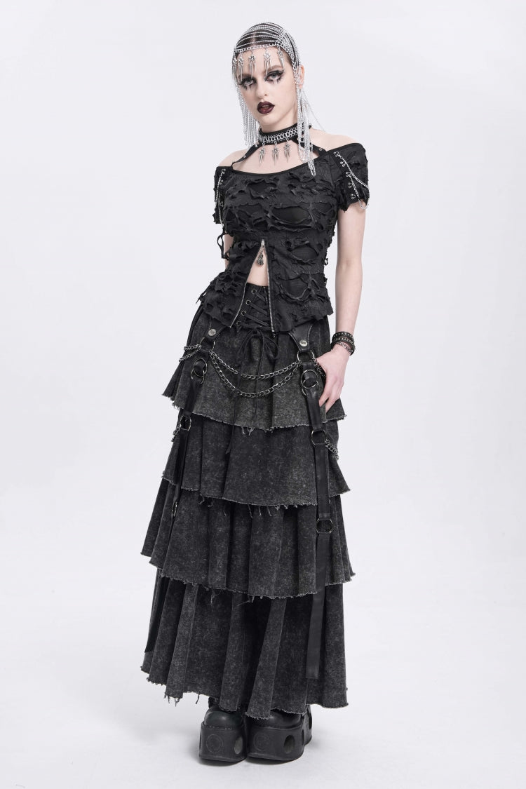 Ruffled Lolita Skirt - Multi-layered Lace-up Chain, Black, Women's Style, Punk Style - additional product view 5