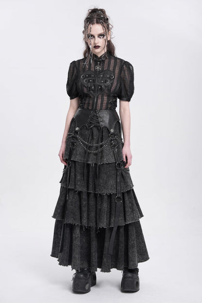 Ruffled Lolita Skirt - Multi-layered Lace-up Chain, Black, Women's Style, Punk Style - additional product view 6