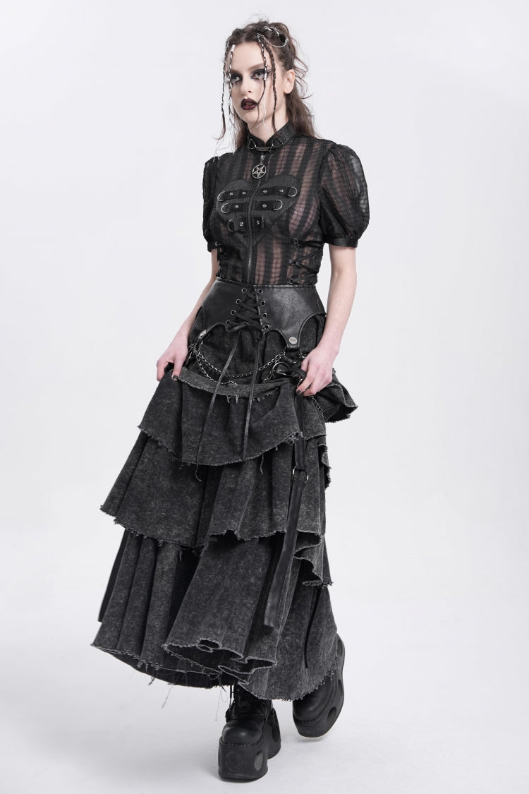 Ruffled Lolita Skirt - Multi-layered Lace-up Chain, Black, Women's Style, Punk Style - additional product view 7
