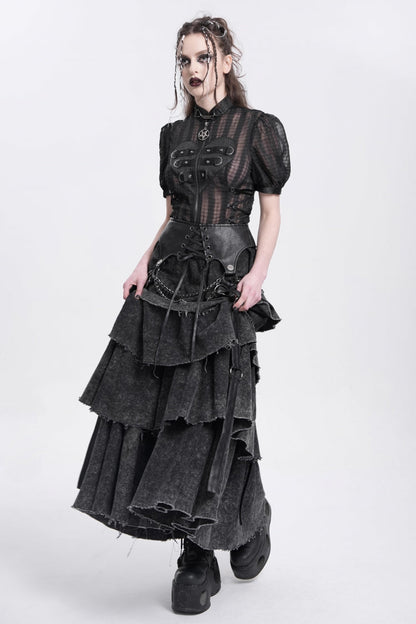 Ruffled Lolita Skirt - Multi-layered Lace-up Chain, Black, Women's Style, Punk Style - additional product view 7