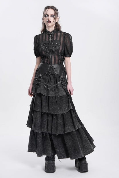 Ruffled Lolita Skirt - Multi-layered Lace-up Chain, Black, Women's Style, Punk Style - additional product view 8