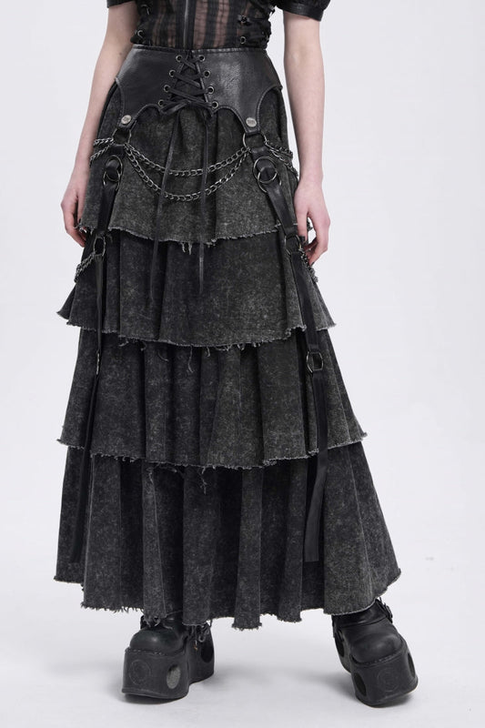Ruffled Lolita Skirt - Multi-layered Lace-up Chain, Black, Women's Style, Punk Style - main product image