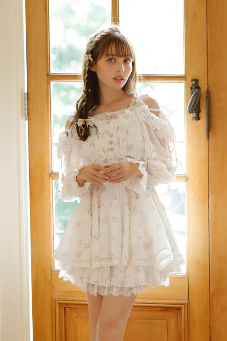 Ruffled Lolita Skirt - Off Shoulder, Ivory, Long Sleeves, Sweet Style, Bow Detail - main product image