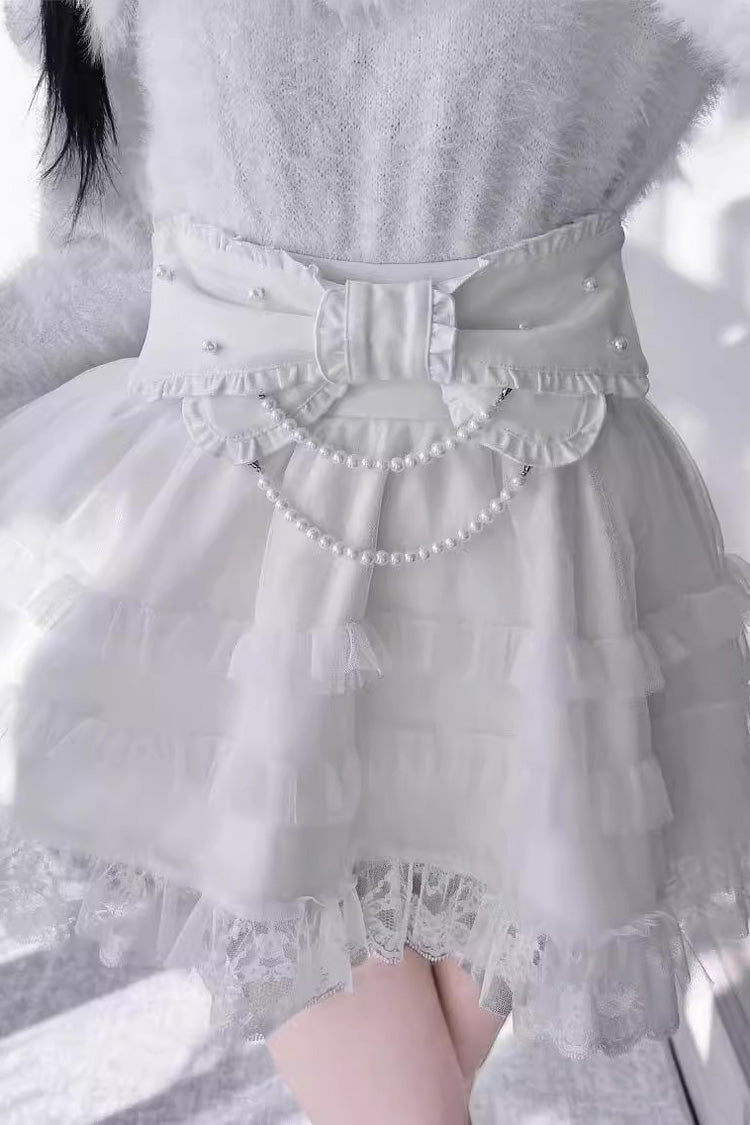 Ruffled Lolita Skirt - Pearl, 2 Colors, Ruffled, Sweet Style, Bow Detail - S White / M White / L White option