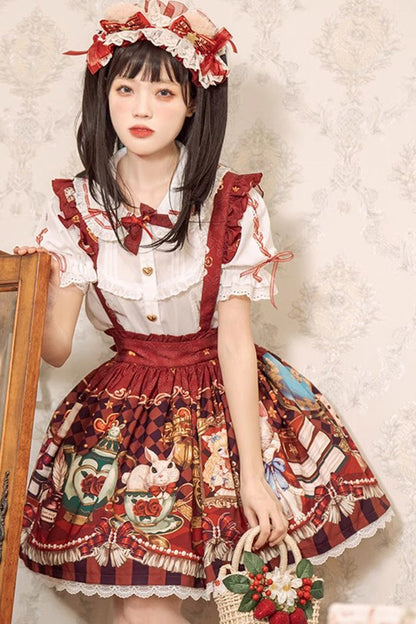 Ruffled Lolita Skirt - Rabbit And Bear Feast, Red, Printed, Sweet Style, Bow Detail - additional product view 2