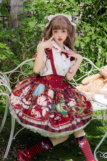 Ruffled Lolita Skirt - Rabbit And Bear Feast, Red, Printed, Sweet Style, Bow Detail - additional product view 4