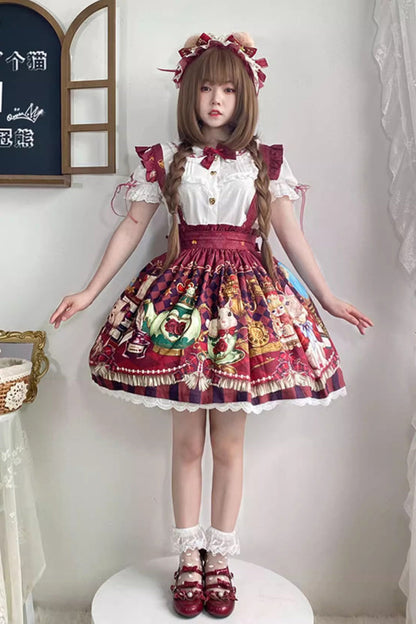 Ruffled Lolita Skirt - Rabbit And Bear Feast, Red, Printed, Sweet Style, Bow Detail - additional product view 5