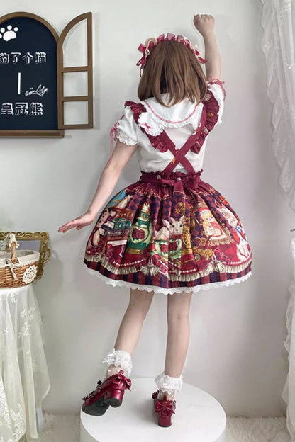 Ruffled Lolita Skirt - Rabbit And Bear Feast, Red, Printed, Sweet Style, Bow Detail - additional product view 6