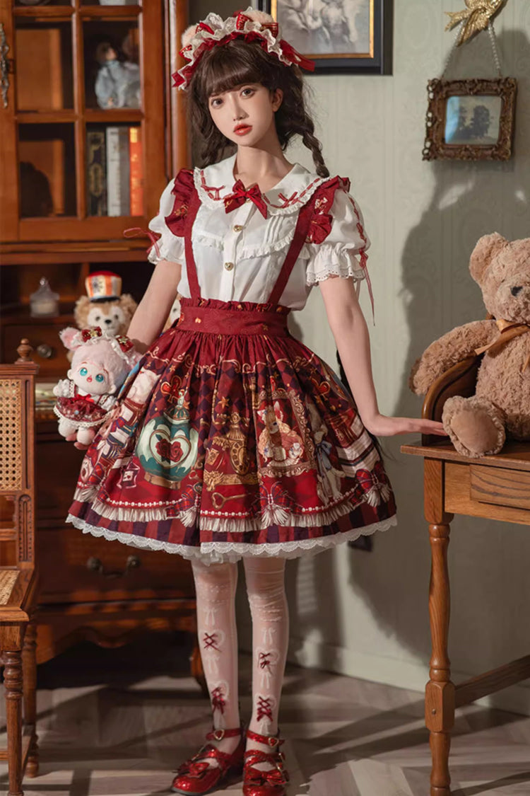 Ruffled Lolita Skirt - Rabbit And Bear Feast, Red, Printed, Sweet Style, Bow Detail - main product image