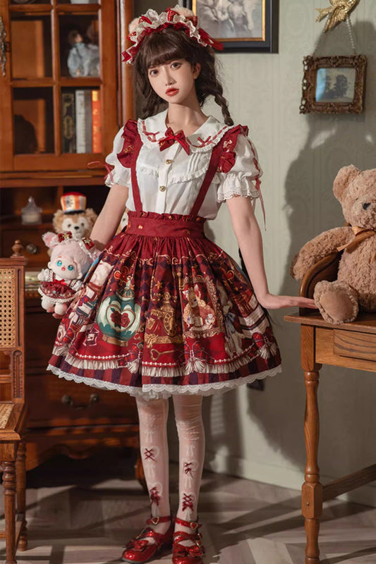 Ruffled Lolita Skirt - Rabbit And Bear Feast, Red, Printed, Sweet Style, Bow Detail - main product image