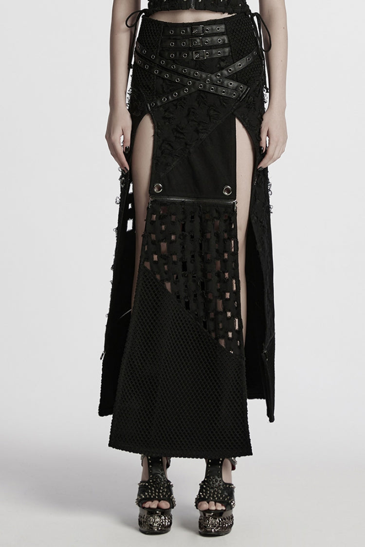 Ruffled Lolita Skirt - Ripped Detachable Side Slit, Black, Detachable Detail, Slit Detail - main product image