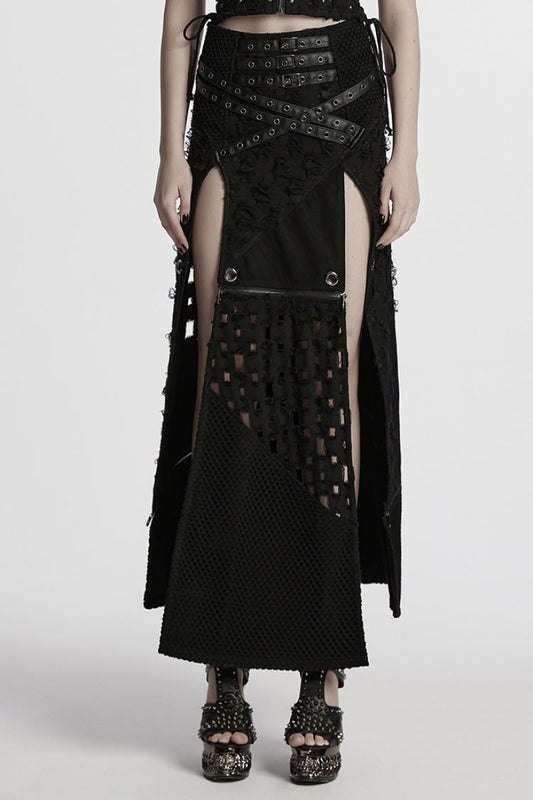 Ruffled Lolita Skirt - Ripped Detachable Side Slit, Black, Detachable Detail, Slit Detail - main product image