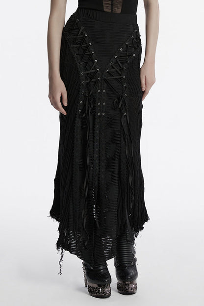 Ruffled Lolita Skirt - Ripped Lace-up, Black, Women's Style, Lace Trim, Gothic Style - main product image