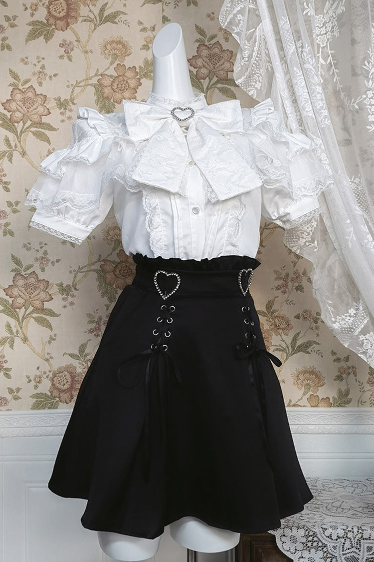 Ruffled Lolita Skirt - Ruffle Bowknot Lace Jirai, Black, Bow Detail, Lace Trim, Ruffled - Black/White Short Sleeves option