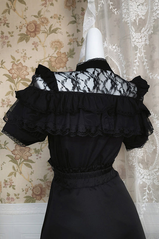 Ruffled Lolita Skirt - Ruffle Bowknot Lace Jirai, Black, Bow Detail, Lace Trim, Ruffled - additional product view 2