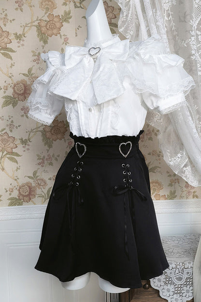 Ruffled Lolita Skirt - Ruffle Bowknot Lace Jirai, Black, Bow Detail, Lace Trim, Ruffled - additional product view 5