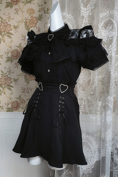 Ruffled Lolita Skirt - Ruffle Bowknot Lace Jirai, Black, Bow Detail, Lace Trim, Ruffled - additional product view 9