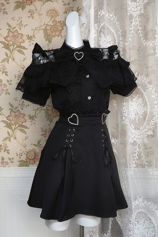 Ruffled Lolita Skirt - Ruffle Bowknot Lace Jirai, Black, Bow Detail, Lace Trim, Ruffled - main product image