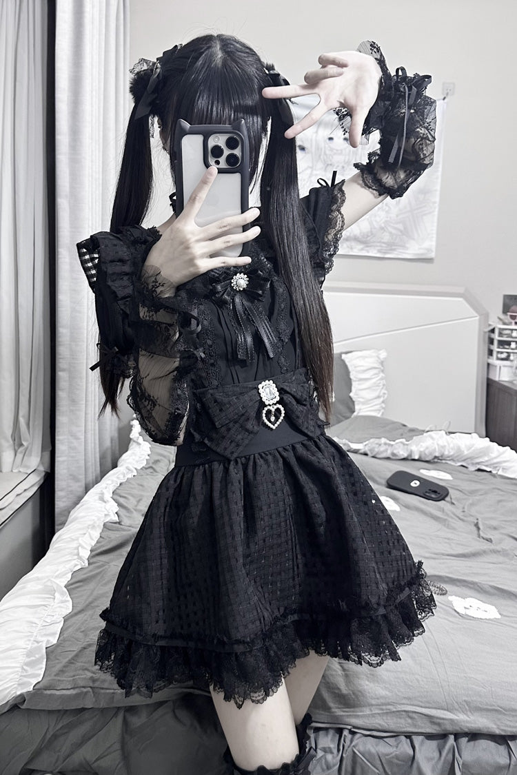 Ruffled Lolita Skirt - Ruffle Hollow Bowknot Lace, Black, Ruffled, Bow Detail, Lace Trim - additional product view 3