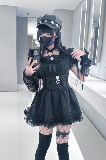 Ruffled Lolita Skirt - Ruffle Hollow Bowknot Lace, Black, Ruffled, Bow Detail, Lace Trim - additional product view 5