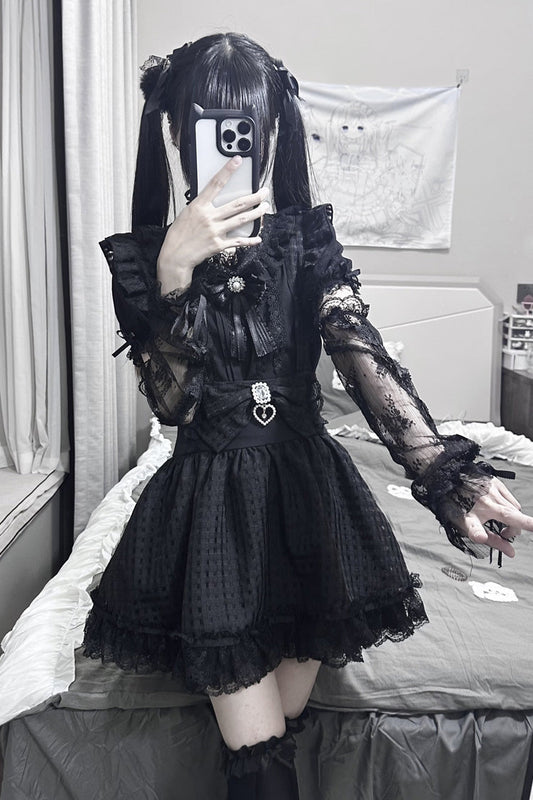 Ruffled Lolita Skirt - Ruffle Hollow Bowknot Lace, Black, Ruffled, Bow Detail, Lace Trim - main product image