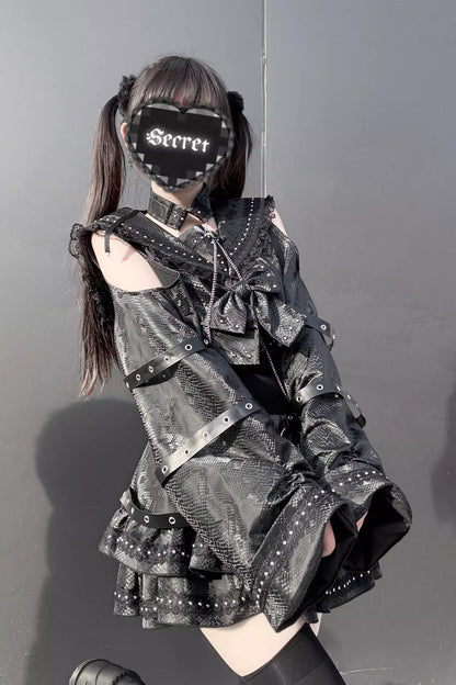 Ruffled Lolita Skirt - Serpent Devour, Black, Bow Detail, Ruffled, Printed - additional product view 2