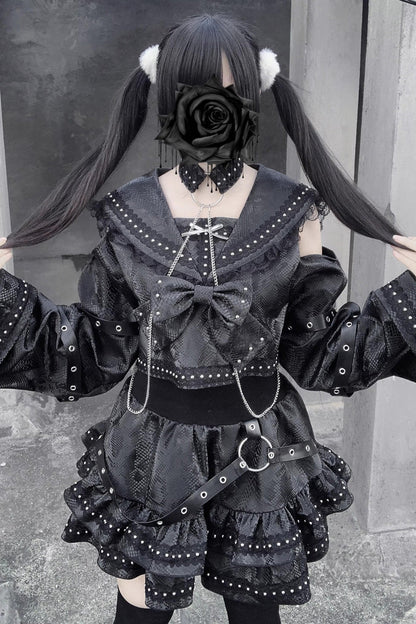 Ruffled Lolita Skirt - Serpent Devour, Black, Bow Detail, Ruffled, Printed - additional product view 5