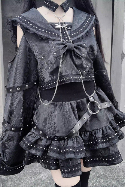 Ruffled Lolita Skirt - Serpent Devour, Black, Bow Detail, Ruffled, Printed - additional product view 10