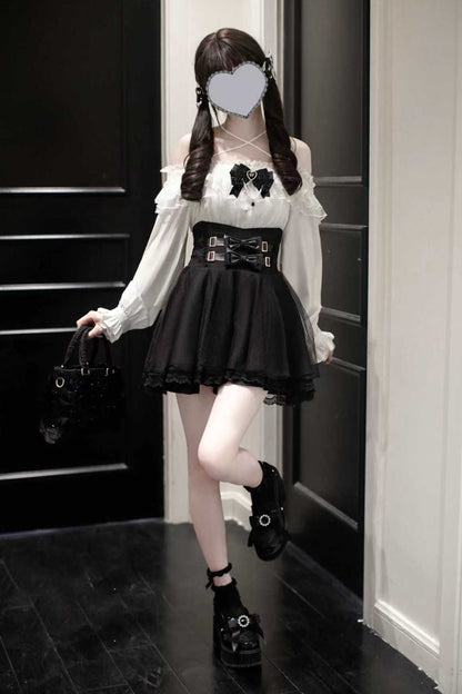 Ruffled Lolita Skirt - Solid Color Bowknot Jirai, Black, Bow Detail, Sweet Style - main product image